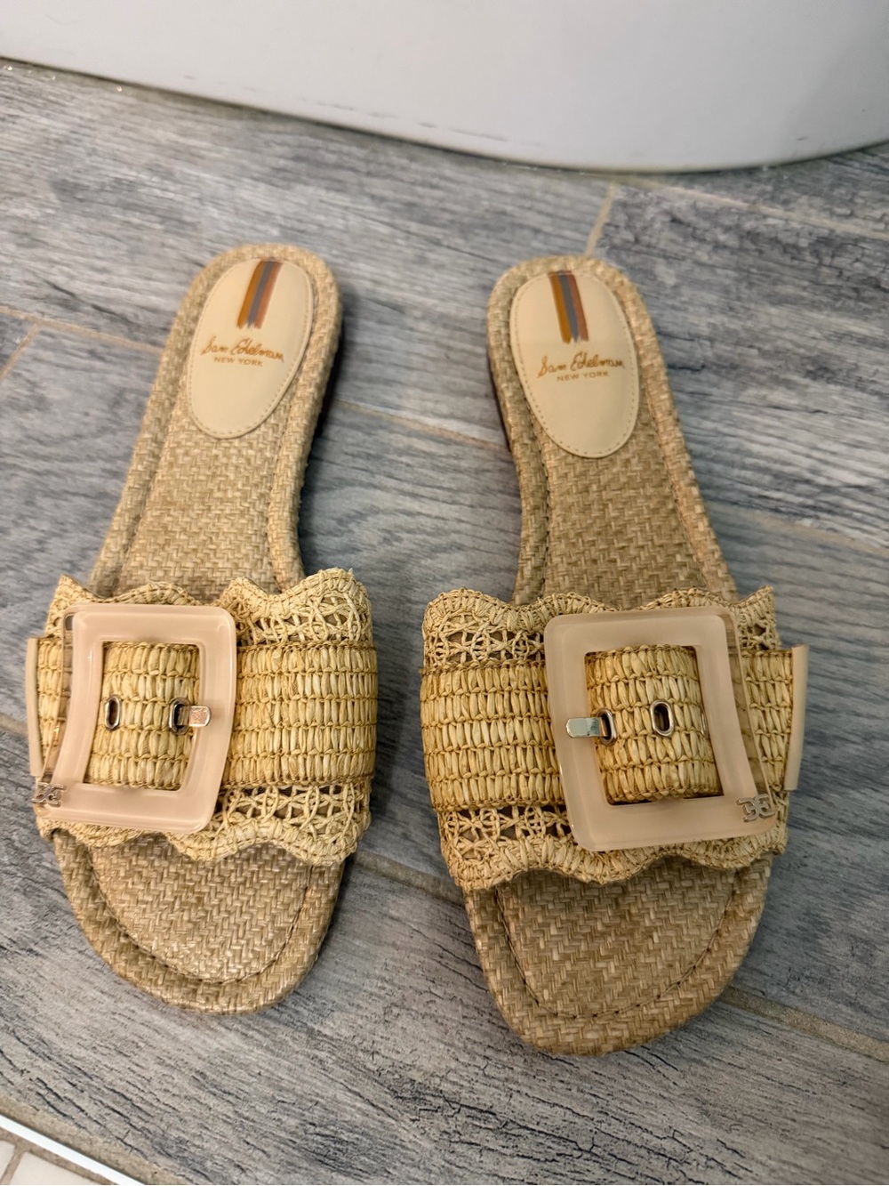 Sam Edelman Beige Raffia Slide Sandals with Square Buckle